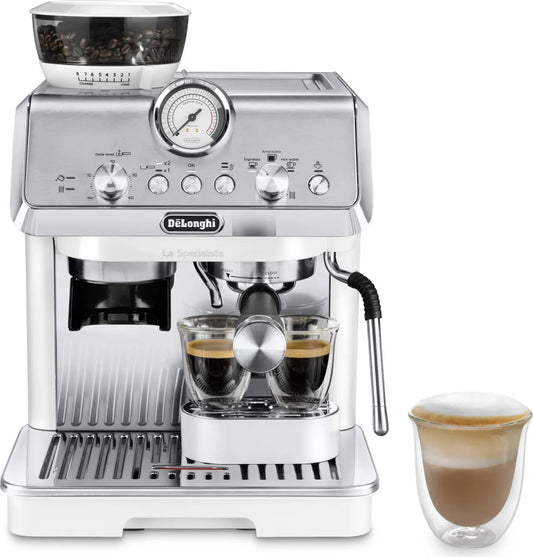 De Longhi Manual Espresso Coffee Machine with 15 Bar Bean Grinder White and Silver - EC 9155.W